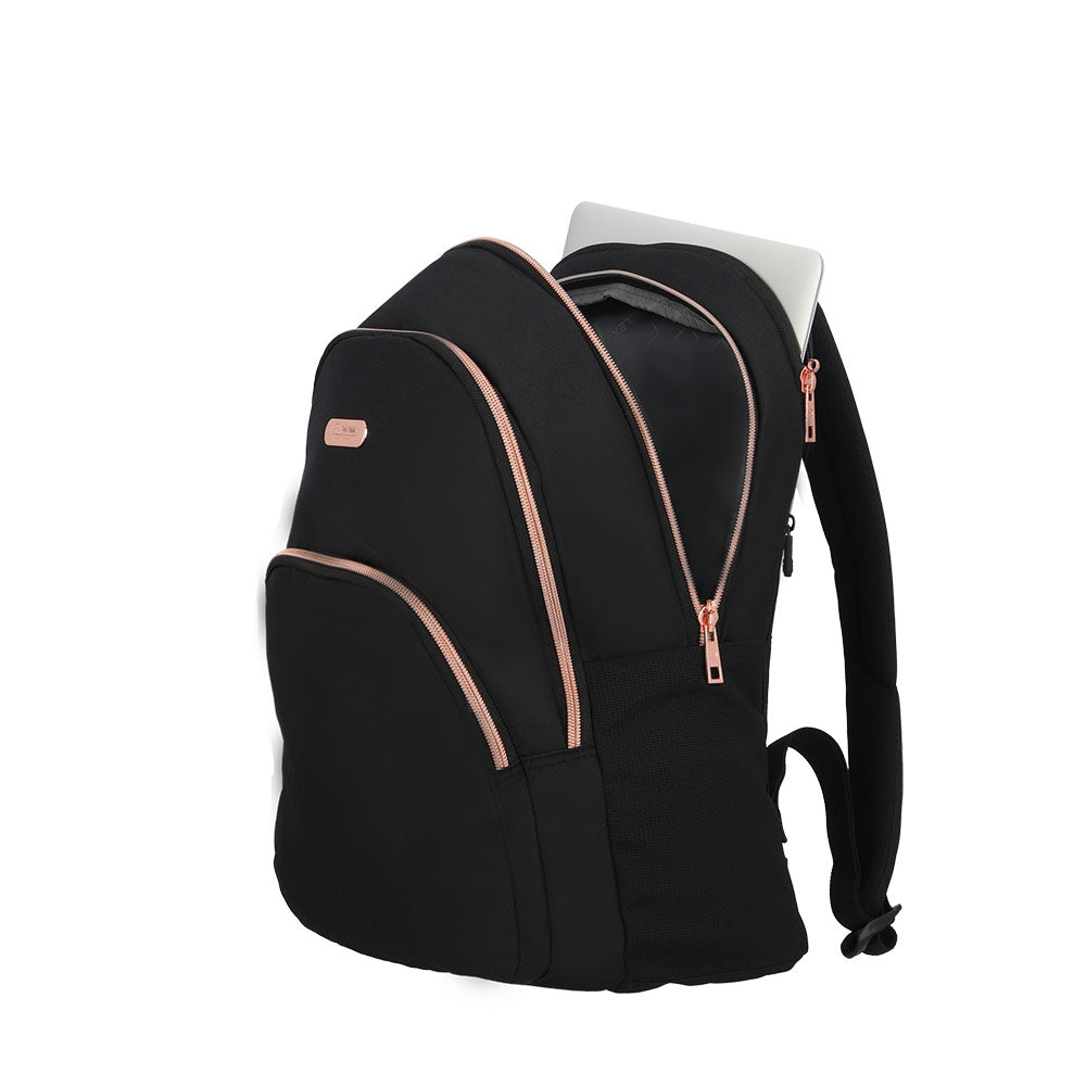 Mochila para laptop mujer Kansas 15.6'' negra/rosada/dorada